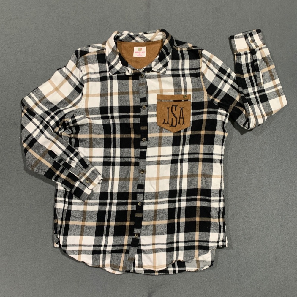 MarleyLilly Womens XL Plaid Flannel Shirt Monogrammed JSA Black Tan White‎